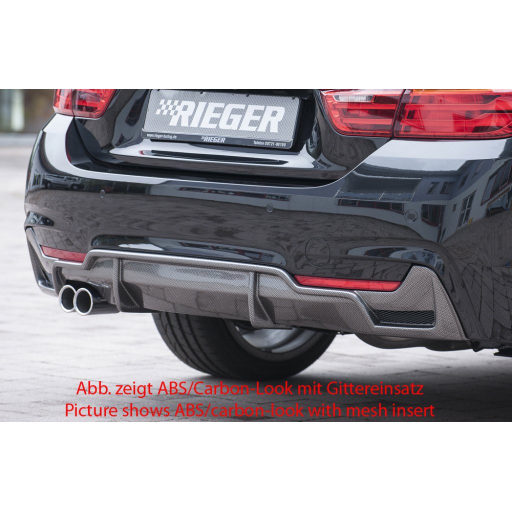 Rieger vložka zadního nárazníku pro BMW řada 4 F32, F33, F36 coupe (3-dvéř.), gran coupe (5-dvéř.), kabriolet vč. faceliftu, plast ABS lakovaný do černé lesklé barvy, pro orig. dvojitou koncovku vlevo