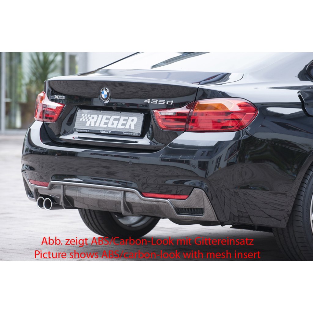 Rieger vložka zadního nárazníku pro BMW řada 4 F32, F33, F36 coupe (3-dvéř.), gran coupe (5-dvéř.), kabriolet vč. faceliftu, plast ABS lakovaný do černé lesklé barvy, pro orig. dvojitou koncovku vlevo