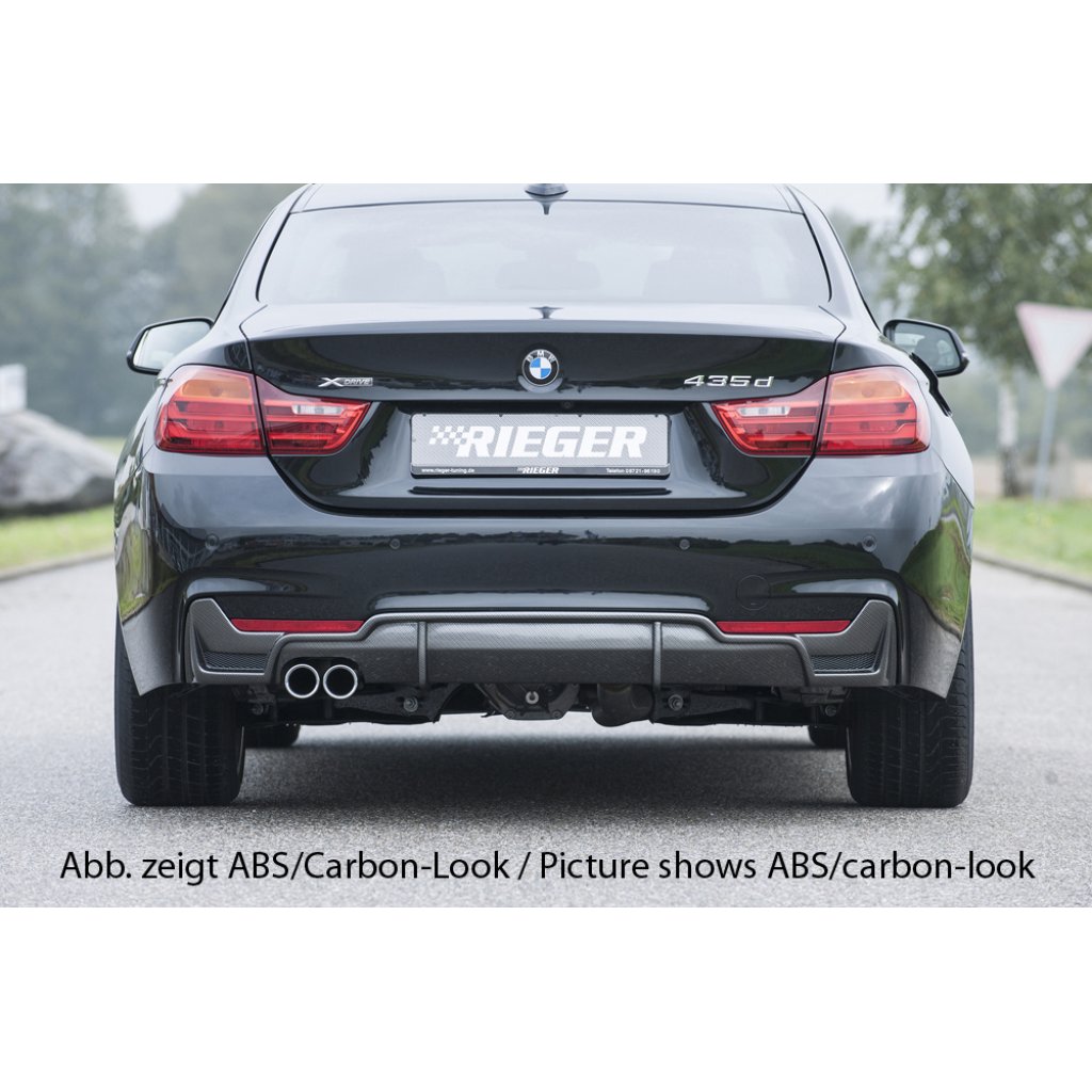 Rieger vložka zadního nárazníku pro BMW řada 4 F32, F33, F36 coupe (3-dvéř.), gran coupe (5-dvéř.), kabriolet vč. faceliftu, plast ABS lakovaný do černé lesklé barvy, pro orig. dvojitou koncovku vlevo vč. mřížky