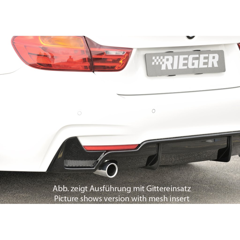 Rieger vložka zadního nárazníku pro BMW řada 4 F32, F33, F36 coupe (3-dvéř.), gran coupe (5-dvéř.), kabriolet vč. faceliftu, plast ABS lakovaný do černé lesklé barvy, pro orig. koncovku vlevo
