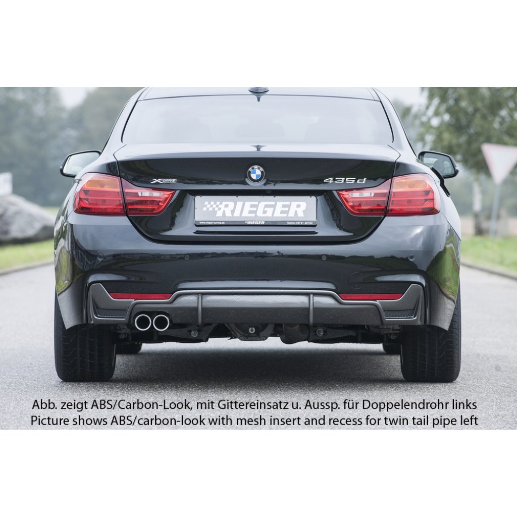 Rieger vložka zadního nárazníku pro BMW řada 4 F32, F33, F36 coupe (3-dvéř.), gran coupe (5-dvéř.), kabriolet vč. faceliftu, plast ABS lakovaný do černé lesklé barvy, pro orig. koncovku vlevo