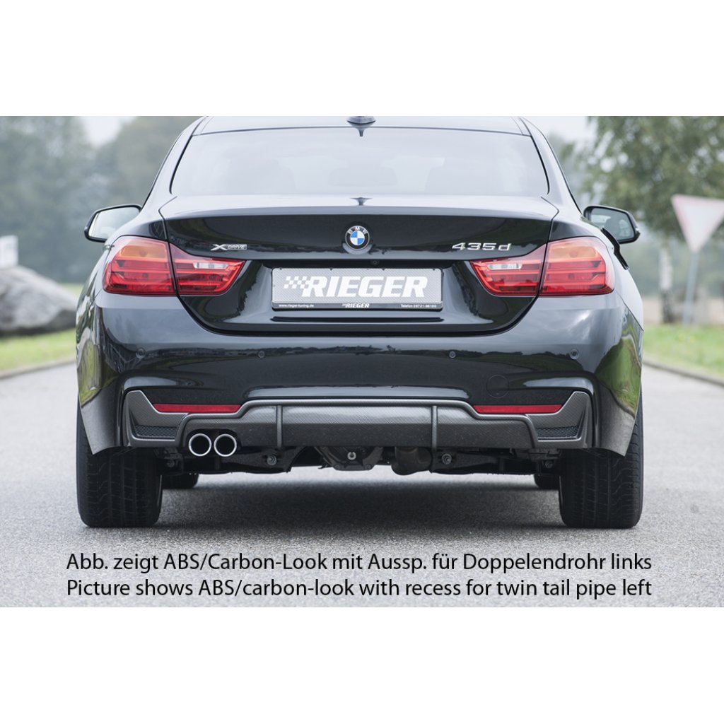 Rieger vložka zadního nárazníku pro BMW řada 4 F32, F33, F36 coupe (3-dvéř.), gran coupe (5-dvéř.), kabriolet vč. faceliftu, plast ABS lakovaný do černé lesklé barvy, pro orig. koncovku vlevo vč. mřížky
