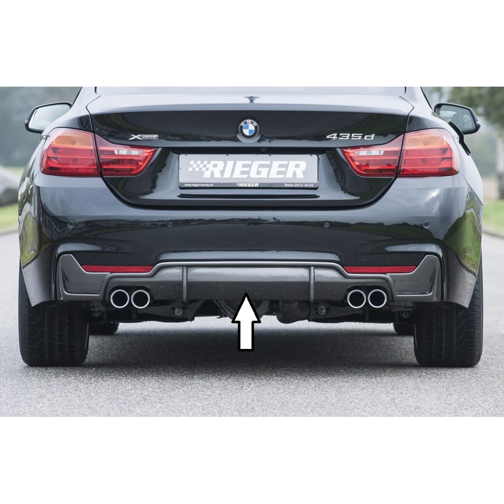 Rieger vložka zadního nárazníku pro BMW řada 4 F32, F33, F36 coupe (3-dvéř.), gran coupe (5-dvéř.), kabriolet vč. faceliftu, plast ABS s povrchovou úpravou Carbon-Look, pro dvojité koncovky na obou stranách 4x76 mm