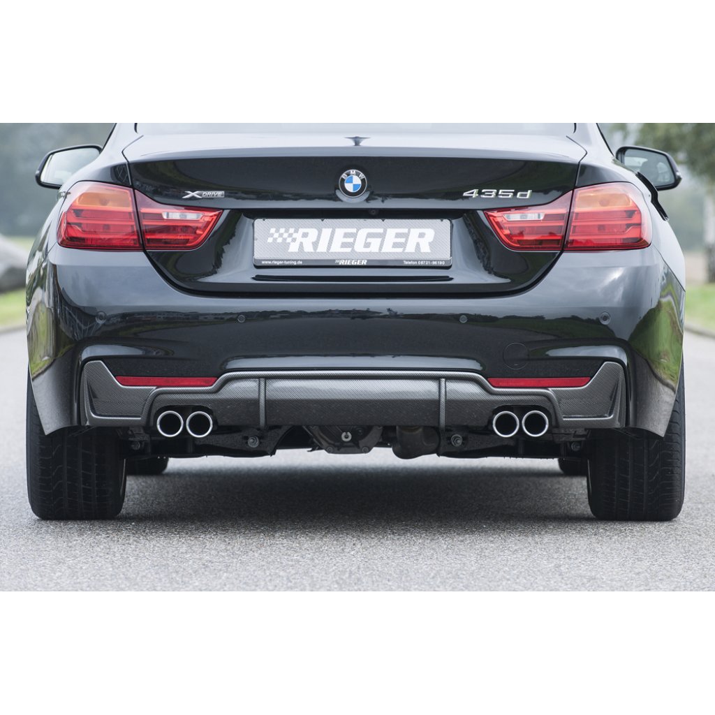 Rieger vložka zadního nárazníku pro BMW řada 4 F32, F33, F36 coupe (3-dvéř.), gran coupe (5-dvéř.), kabriolet vč. faceliftu, plast ABS s povrchovou úpravou Carbon-Look, pro dvojité koncovky na obou stranách 4x76 mm