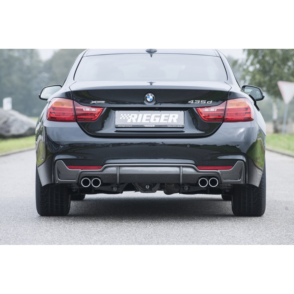Rieger vložka zadního nárazníku pro BMW řada 4 F32, F33, F36 coupe (3-dvéř.), gran coupe (5-dvéř.), kabriolet vč. faceliftu, plast ABS s povrchovou úpravou Carbon-Look, pro dvojité koncovky na obou stranách 4x76 mm
