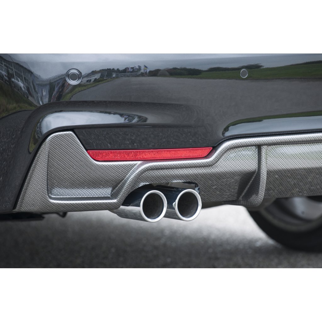 Rieger vložka zadního nárazníku pro BMW řada 4 F32, F33, F36 coupe (3-dvéř.), gran coupe (5-dvéř.), kabriolet vč. faceliftu, plast ABS s povrchovou úpravou Carbon-Look, pro dvojité koncovky na obou stranách 4x76 mm