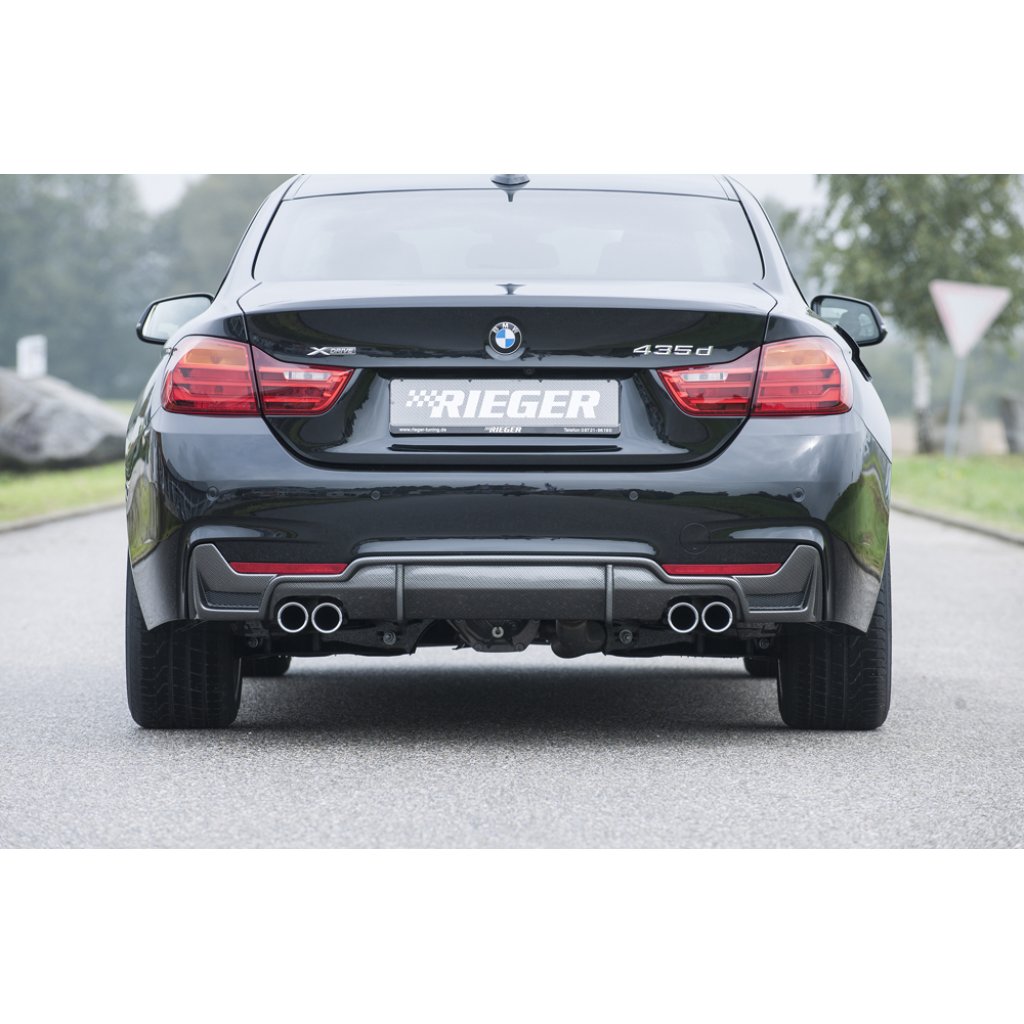 Rieger vložka zadního nárazníku pro BMW řada 4 F32, F33, F36 coupe (3-dvéř.), gran coupe (5-dvéř.), kabriolet vč. faceliftu, plast ABS s povrchovou úpravou Carbon-Look, pro dvojité koncovky na obou stranách 4x76 mm vč. mřížky