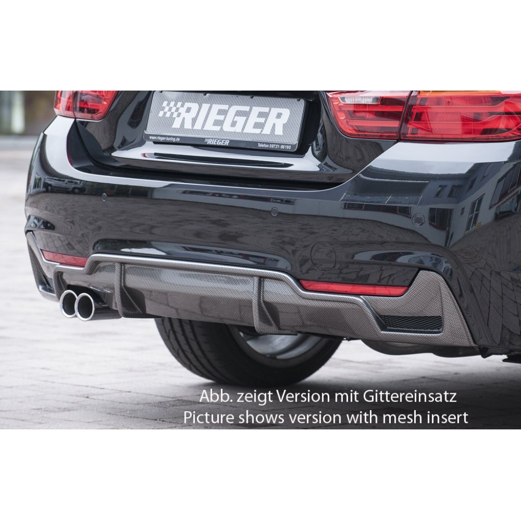 Rieger vložka zadního nárazníku pro BMW řada 4 F32, F33, F36 coupe (3-dvéř.), gran coupe (5-dvéř.), kabriolet vč. faceliftu, plast ABS s povrchovou úpravou Carbon-Look, pro orig. dvojitou koncovku vlevo