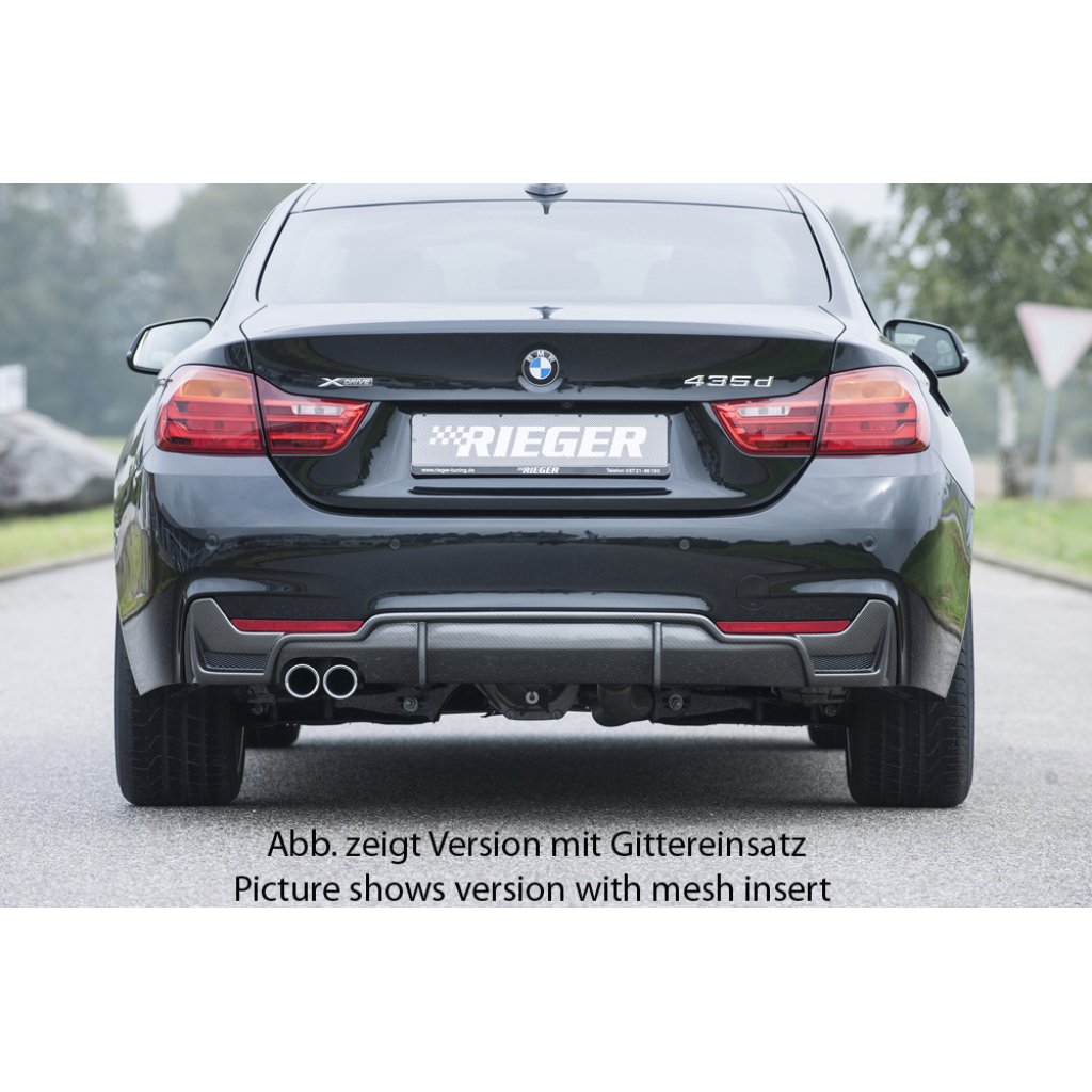 Rieger vložka zadního nárazníku pro BMW řada 4 F32, F33, F36 coupe (3-dvéř.), gran coupe (5-dvéř.), kabriolet vč. faceliftu, plast ABS s povrchovou úpravou Carbon-Look, pro orig. dvojitou koncovku vlevo