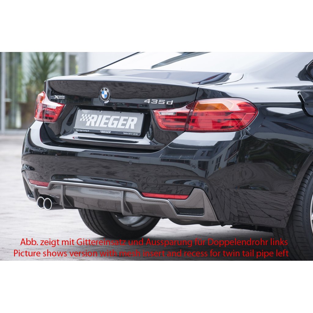 Rieger vložka zadního nárazníku pro BMW řada 4 F32, F33, F36 coupe (3-dvéř.), gran coupe (5-dvéř.), kabriolet vč. faceliftu, plast ABS s povrchovou úpravou Carbon-Look, pro orig. koncovku vlevo