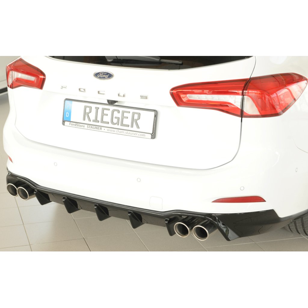 Rieger vložka zadního nárazníku pro Ford Focus 4 DEH 5-dvéř. (combi), plast ABS lakovaný do černé lesklé barvy, pro sportovní koncovky vlevo/vpravo 4x80 mm