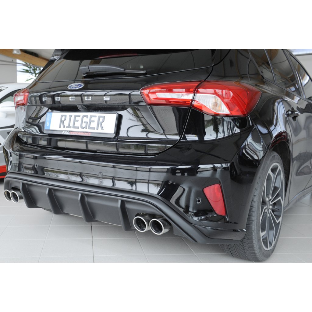 Rieger vložka zadního nárazníku pro Ford Focus 4 DEH, ST 5-dvéř. (hatchback), plast ABS bez povrchové úpravy, pro dvojité koncovky na obou stranách 4x80 mm