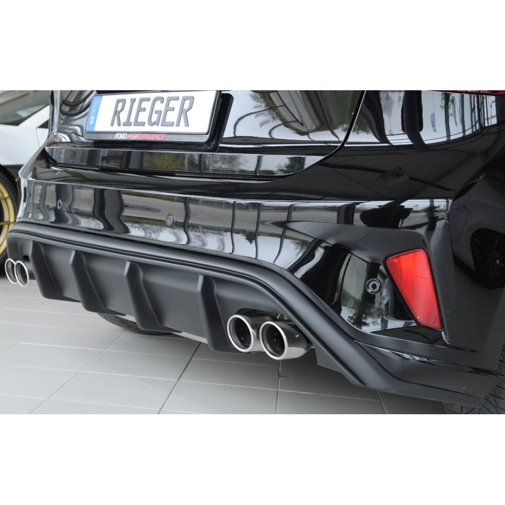 Rieger vložka zadního nárazníku pro Ford Focus 4 DEH, ST 5-dvéř. (hatchback), plast ABS bez povrchové úpravy, pro dvojité koncovky na obou stranách 4x80 mm