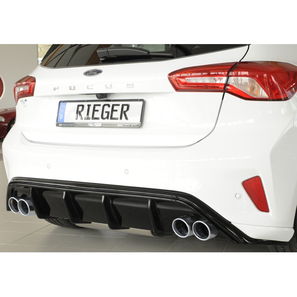 Rieger vložka zadního nárazníku pro Ford Focus 4 DEH, ST 5-dvéř. (hatchback), plast ABS lakovaný do černé lesklé barvy, pro dvojité koncovky na obou stranách 4x80 mm