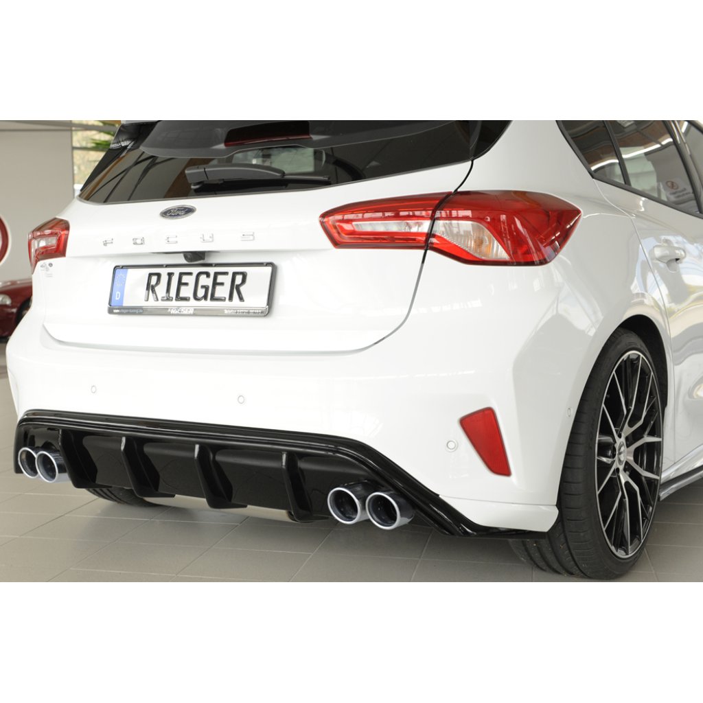 Rieger vložka zadního nárazníku pro Ford Focus 4 DEH, ST 5-dvéř. (hatchback), plast ABS lakovaný do černé lesklé barvy, pro dvojité koncovky na obou stranách 4x80 mm