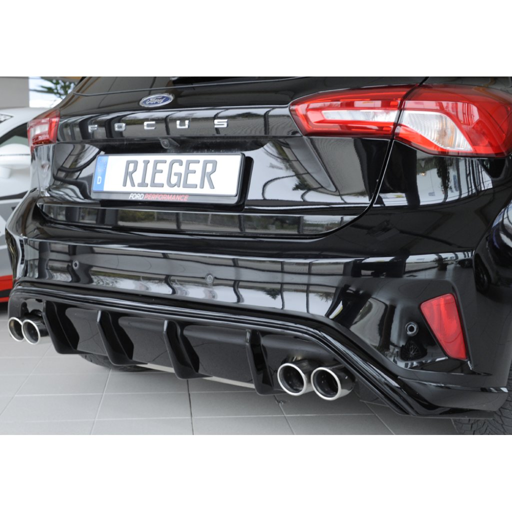 Rieger vložka zadního nárazníku pro Ford Focus 4 DEH, ST 5-dvéř. (hatchback), plast ABS lakovaný do černé lesklé barvy, pro dvojité koncovky na obou stranách 4x80 mm