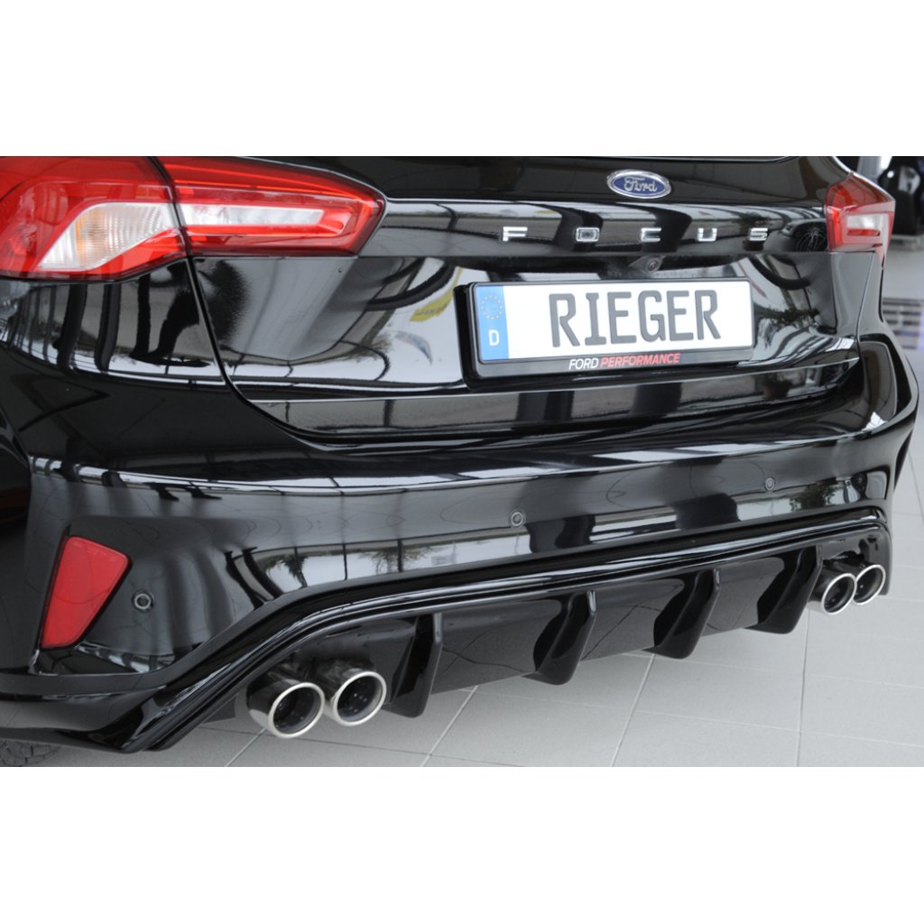 Rieger vložka zadního nárazníku pro Ford Focus 4 DEH, ST 5-dvéř. (hatchback), plast ABS lakovaný do černé lesklé barvy, pro dvojité koncovky na obou stranách 4x80 mm