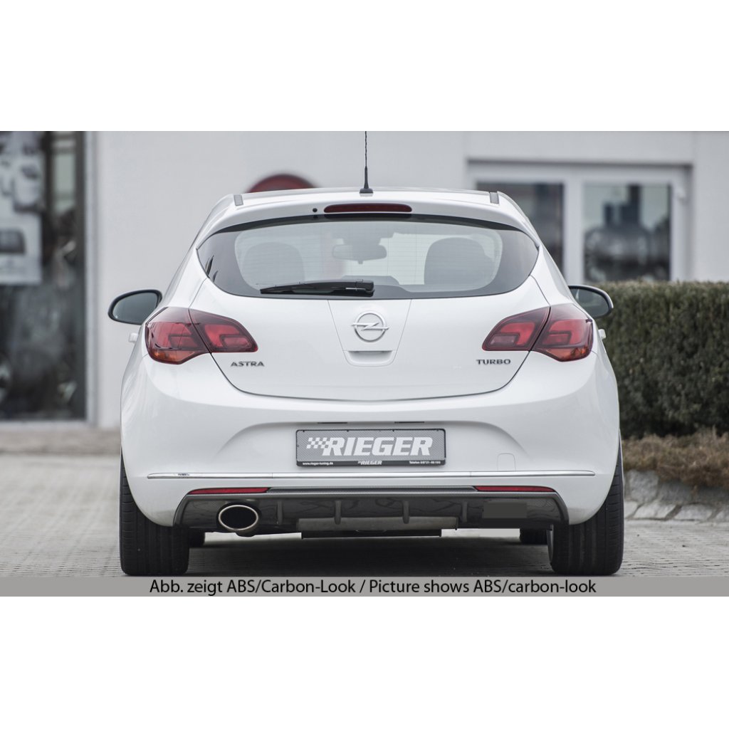 Rieger vložka zadního nárazníku pro Opel Astra J 5-dvéř., hatchback po faceliftu, plast ABS lakovaný do černé lesklé barvy, pro sportovní koncovku vlevo 140x90 mm