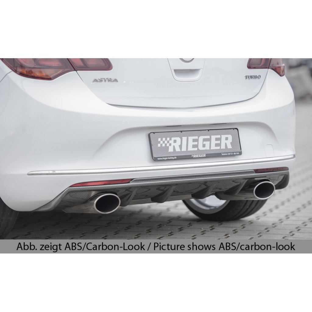 Rieger vložka zadního nárazníku pro Opel Astra J 5-dvéř., hatchback po faceliftu, plast ABS lakovaný do černé lesklé barvy, pro sportovní koncovky na obou stranách 140x90 mm