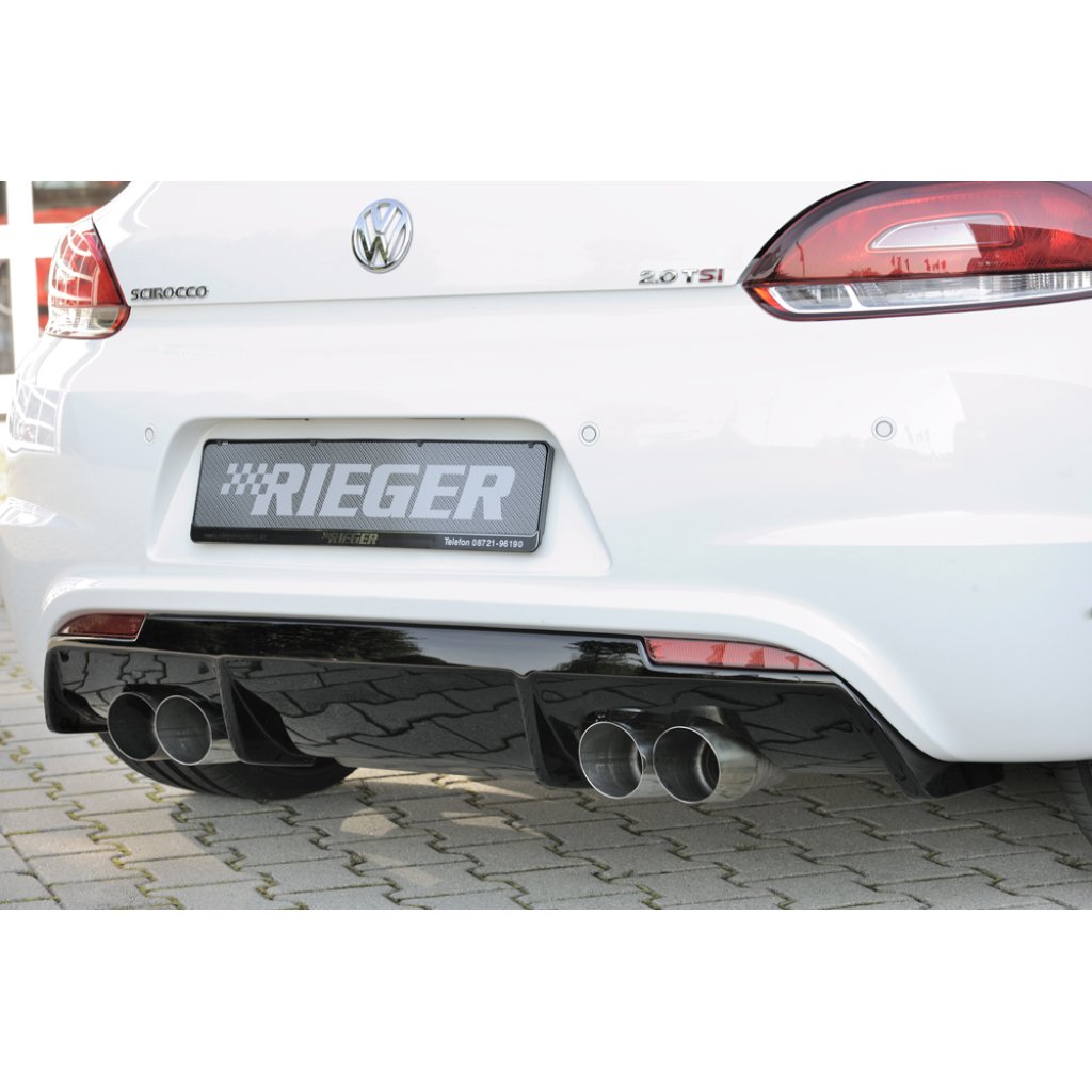 Rieger vložka zadního nárazníku pro R-Line zadní nárazník pro Volkswagen Scirocco 3 13 2-dvéř. vč. faceliftu, plast ABS lakovaný do černé lesklé barvy, pro dvojité koncovky na obou stranách 4x90 mm
