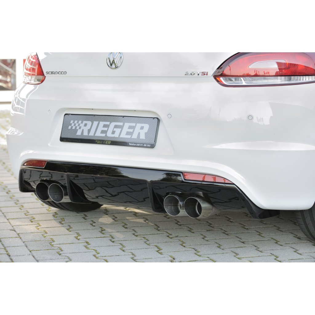 Rieger vložka zadního nárazníku pro R-Line zadní nárazník pro Volkswagen Scirocco 3 13 2-dvéř. vč. faceliftu, plast ABS lakovaný do černé lesklé barvy, pro dvojité koncovky na obou stranách 4x90 mm