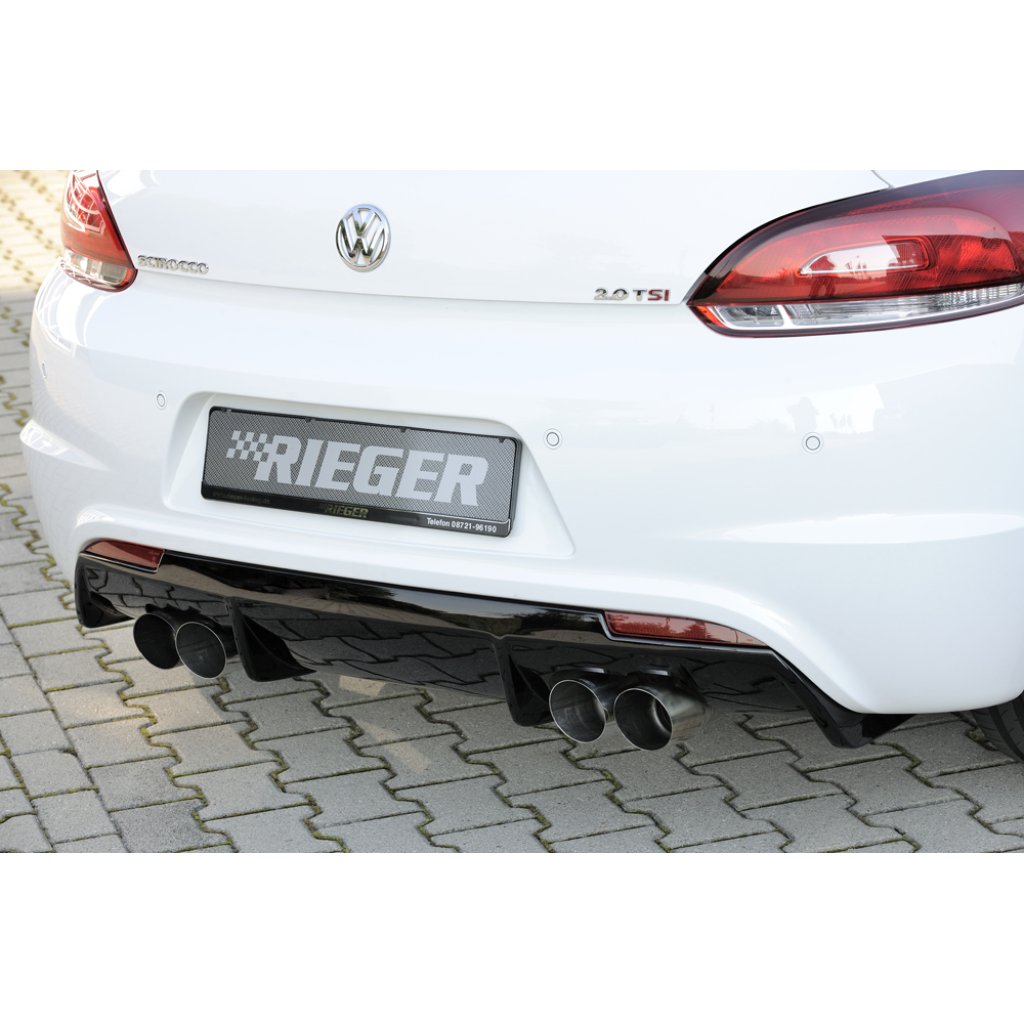 Rieger vložka zadního nárazníku pro R-Line zadní nárazník pro Volkswagen Scirocco 3 13 2-dvéř. vč. faceliftu, plast ABS lakovaný do černé lesklé barvy, pro dvojité koncovky na obou stranách 4x90 mm
