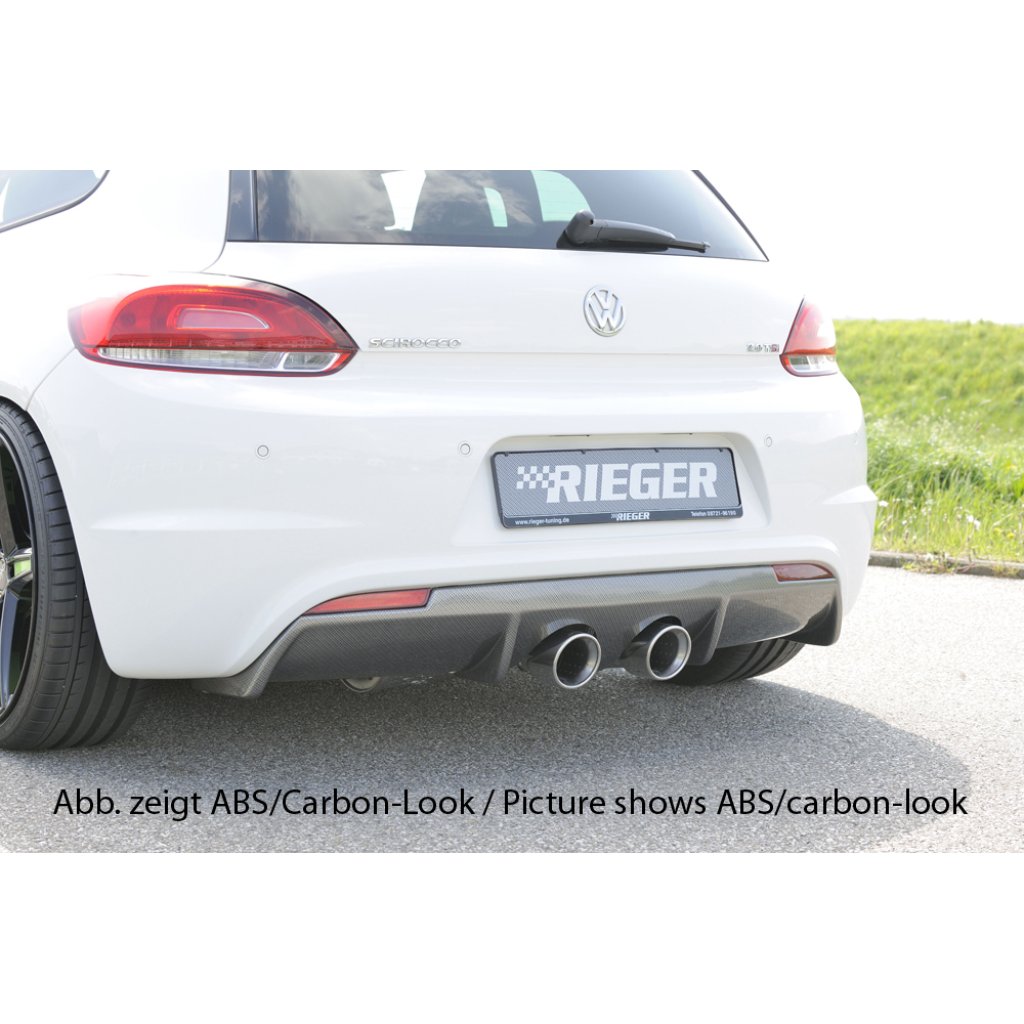 Rieger vložka zadního nárazníku pro R-Line zadní nárazník pro Volkswagen Scirocco R 13 2-dvéř. vč. faceliftu, plast ABS lakovaný do černé lesklé barvy, pro dvojitou koncovku uprostřed 2x100 mm