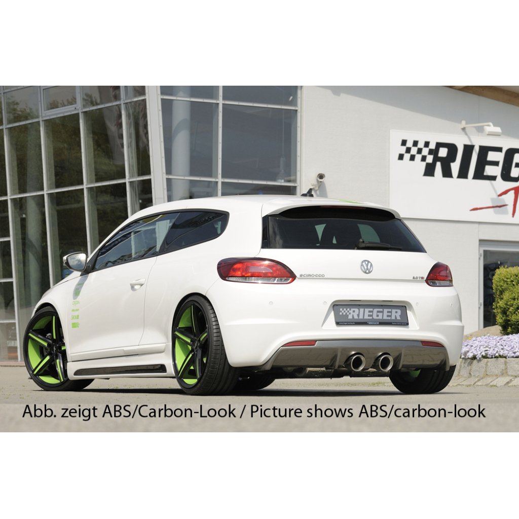 Rieger vložka zadního nárazníku pro R-Line zadní nárazník pro Volkswagen Scirocco R 13 2-dvéř. vč. faceliftu, plast ABS lakovaný do černé lesklé barvy, pro dvojitou koncovku uprostřed 2x100 mm