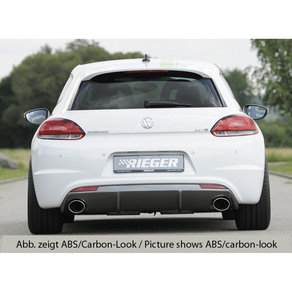 Rieger vložka zadního nárazníku pro R-Line zadní nárazník pro Volkswagen Scirocco R 13 2-dvéř. vč. faceliftu, plast ABS lakovaný do černé lesklé barvy, pro sportovní koncovky na obou stranách 126x94 mm