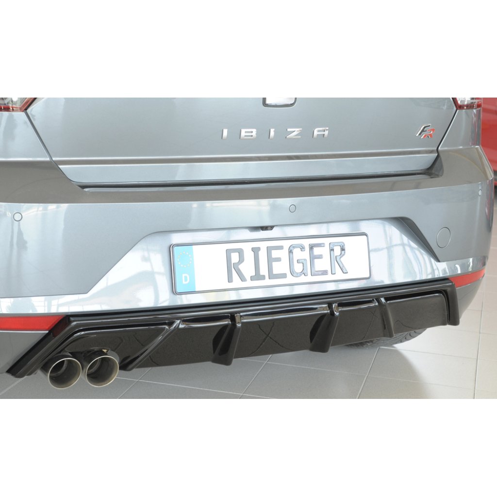Rieger vložka zadního nárazníku pro Seat Ibiza FR KJ 5-dvéř., plast ABS lakovaný do černé lesklé barvy, pro dvojitou koncovku vlevo 2x76 mm