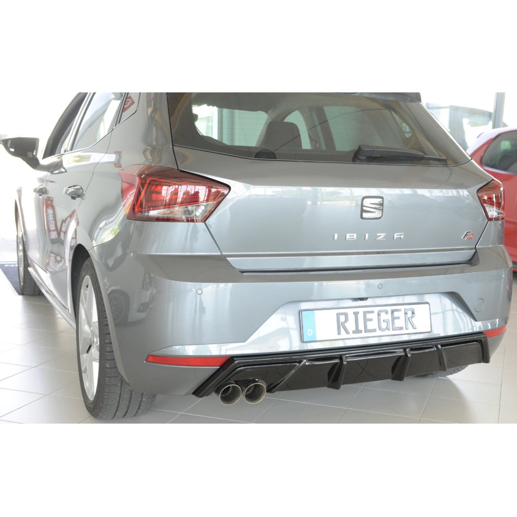 Rieger vložka zadního nárazníku pro Seat Ibiza KJ 5-dvéř., plast ABS lakovaný do černé lesklé barvy, pro dvojitou koncovku vlevo 2x76 mm
