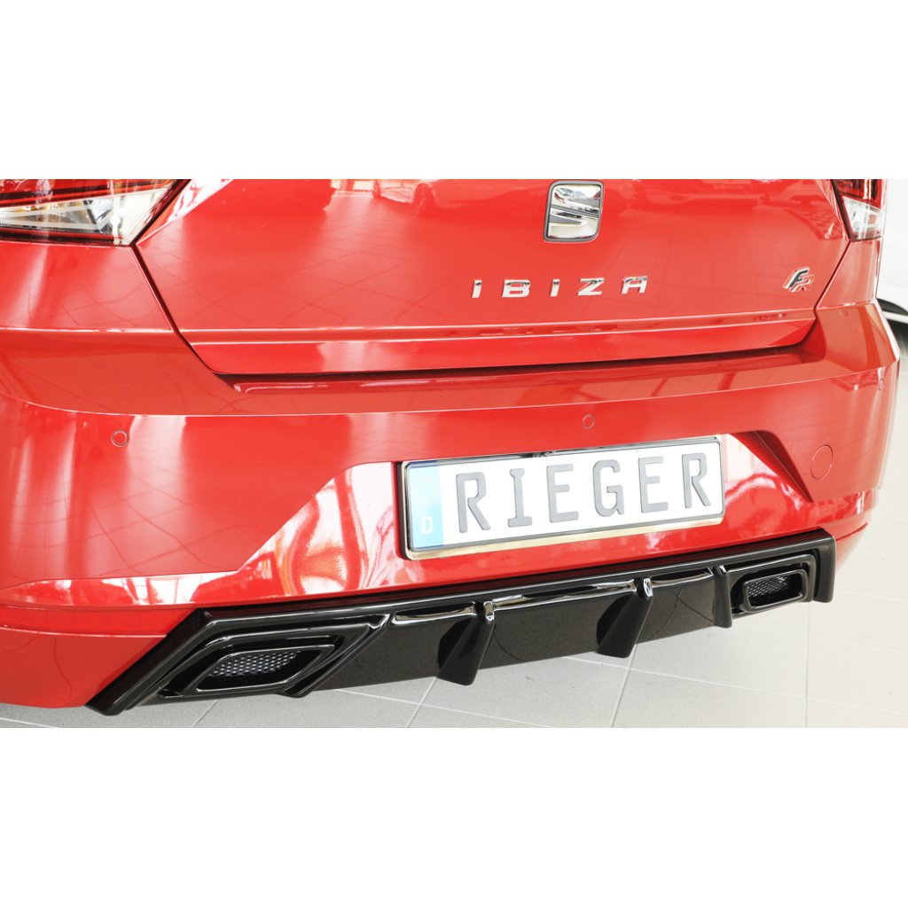 Rieger vložka zadního nárazníku pro Seat Ibiza KJ 5-dvéř., plast ABS lakovaný do černé lesklé barvy, pro orig. výfukový systém