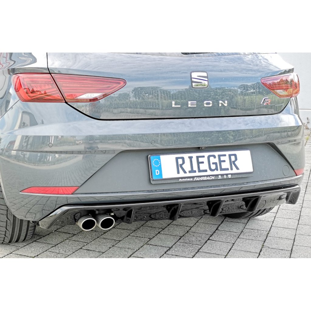 Rieger vložka zadního nárazníku pro Seat Leon FR 5F 3-dvéř. (sc), 5-dvéř. po faceliftu, plast ABS lakovaný do černé lesklé barvy, pro dvojitou koncovku vlevo