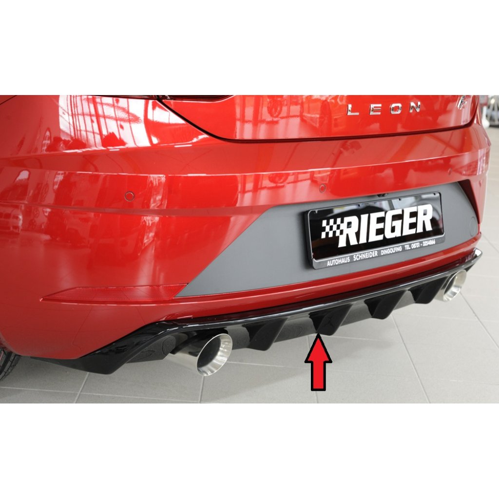 Rieger vložka zadního nárazníku pro Seat Leon FR 5F 3-dvéř. (sc), 5-dvéř. po faceliftu, plast ABS lakovaný do černé lesklé barvy, pro sportovní koncovky na obou stranách 100 mm