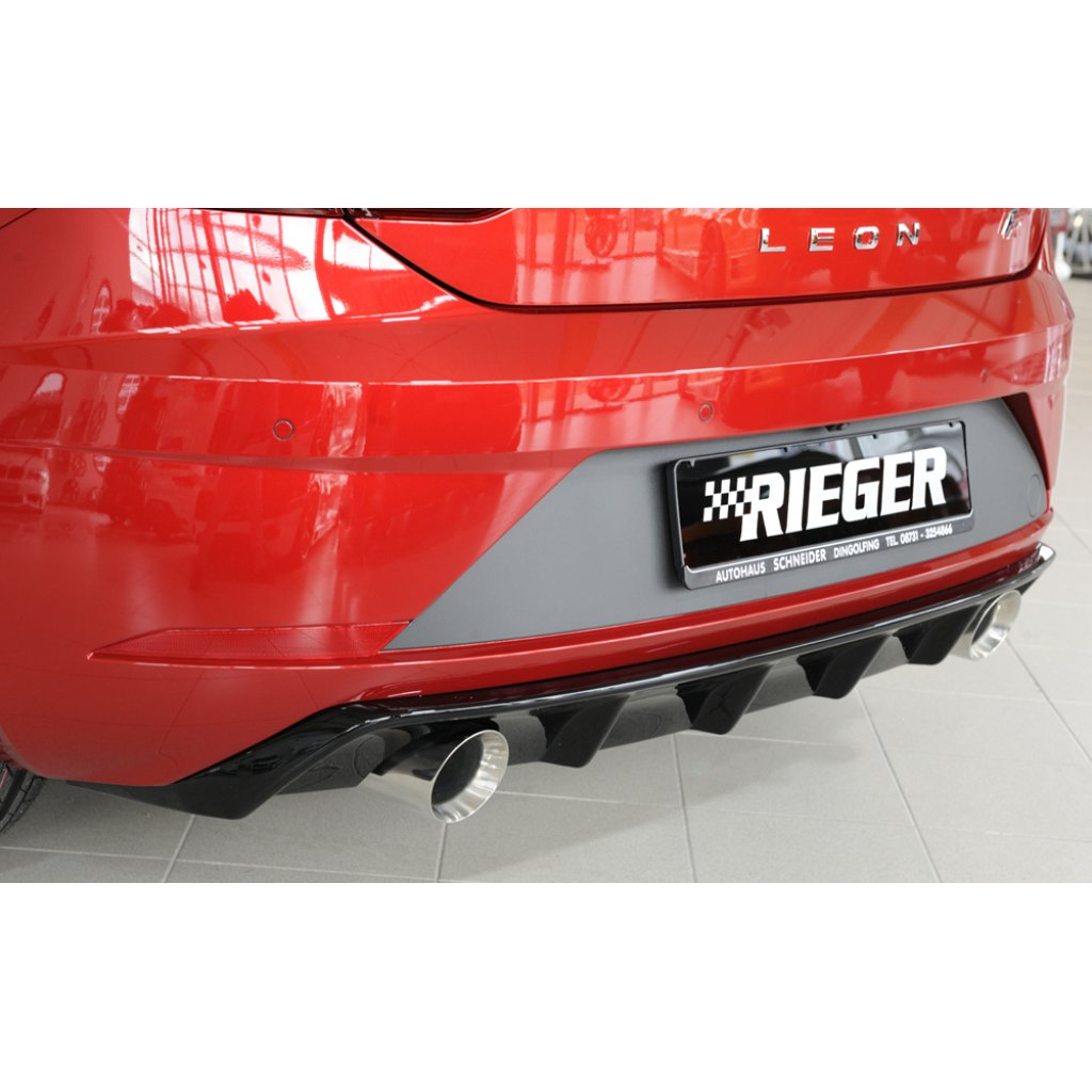 Rieger vložka zadního nárazníku pro Seat Leon FR 5F 3-dvéř. (sc), 5-dvéř. po faceliftu, plast ABS lakovaný do černé lesklé barvy, pro sportovní koncovky na obou stranách 100 mm