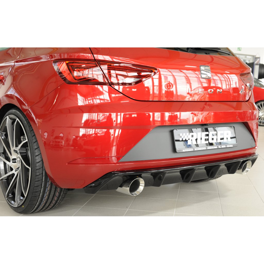 Rieger vložka zadního nárazníku pro Seat Leon FR 5F 3-dvéř. (sc), 5-dvéř. po faceliftu, plast ABS lakovaný do černé lesklé barvy, pro sportovní koncovky na obou stranách 100 mm