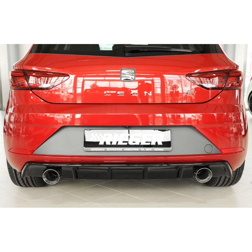 Rieger vložka zadního nárazníku pro Seat Leon FR 5F 3-dvéř. (sc), 5-dvéř. po faceliftu, plast ABS lakovaný do černé lesklé barvy, pro sportovní koncovky na obou stranách 100 mm