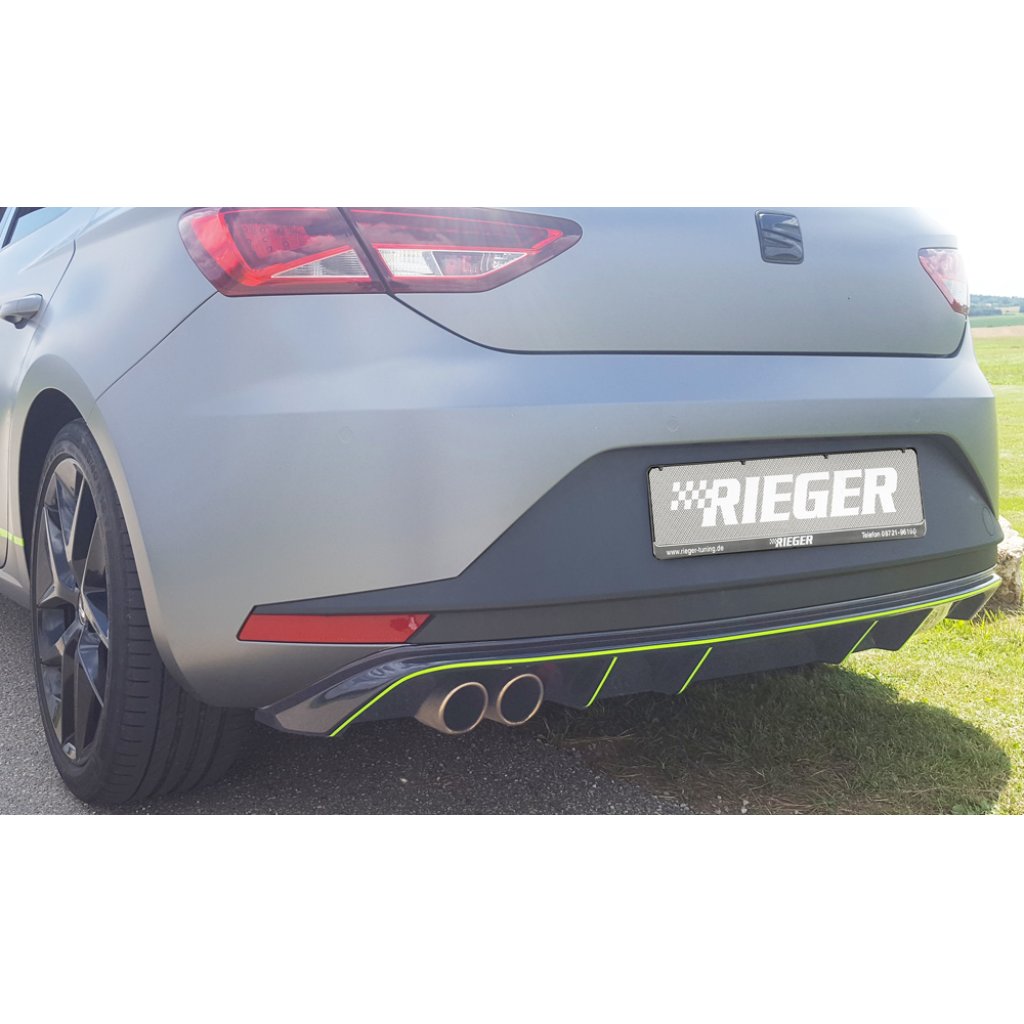 Rieger vložka zadního nárazníku pro Seat Leon FR 5F 3-dvéř. (sc), 5-dvéř. před faceliftem, plast ABS lakovaný do černé lesklé barvy, pro dvojitou koncovku vlevo