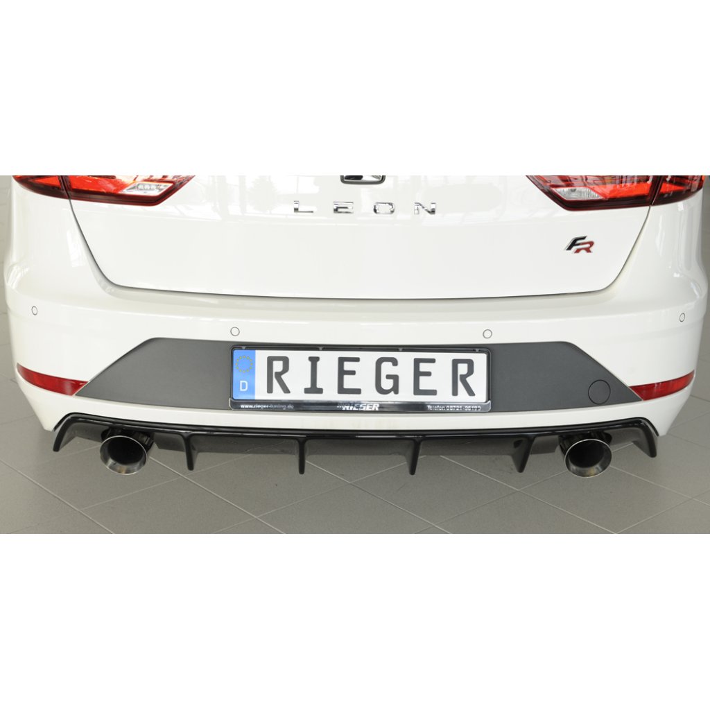 Rieger vložka zadního nárazníku pro Seat Leon FR 5F 5-dvéř. (ST/Combi) po faceliftu, plast ABS lakovaný do černé lesklé barvy, pro sportovní koncovky na obou stranách o průměru 100mm