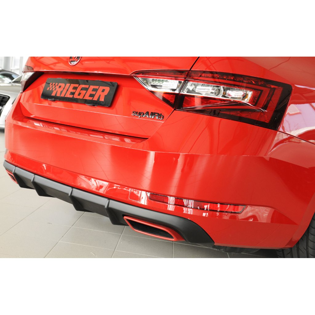 Rieger vložka zadního nárazníku pro Škoda Superb III 3T, 3V combi, sedan vč. faceliftu, plast ABS bez povrchové úpravy, 2.0 TSI (200/206kW), pro vozy s tažným zařízením
