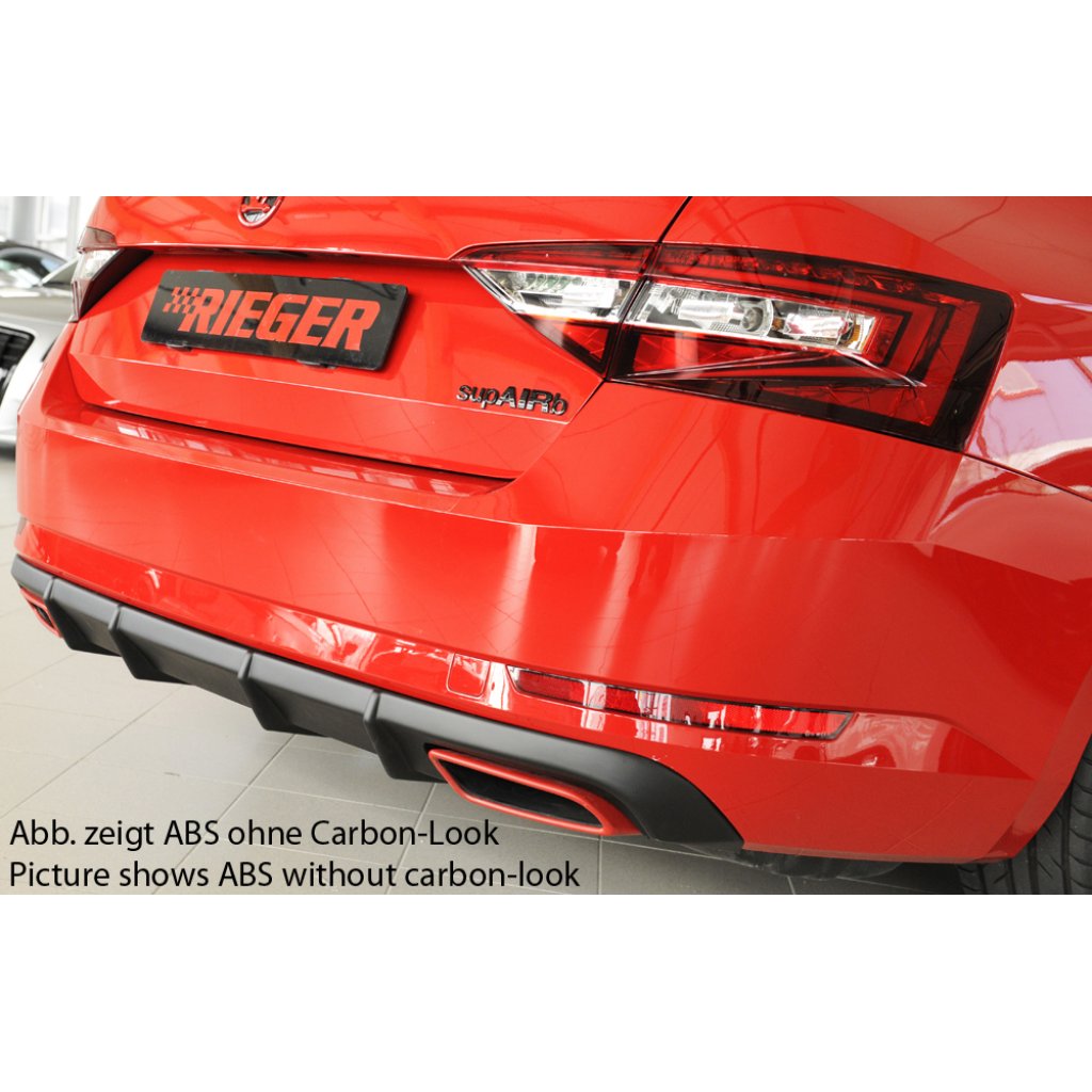 Rieger vložka zadního nárazníku pro Škoda Superb III 3T, 3V combi, sedan vč. faceliftu, plast ABS s povrchovou úpravou Carbon-Look, 2.0 TSI (200/206kW), pro vozy bez tažného zařízení