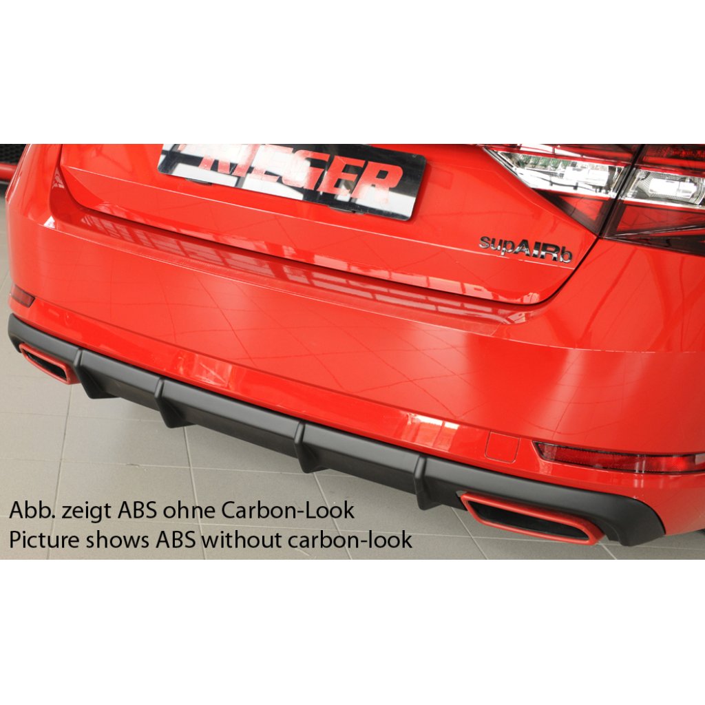 Rieger vložka zadního nárazníku pro Škoda Superb III 3T, 3V combi, sedan vč. faceliftu, plast ABS s povrchovou úpravou Carbon-Look, 2.0 TSI (200/206kW), pro vozy bez tažného zařízení