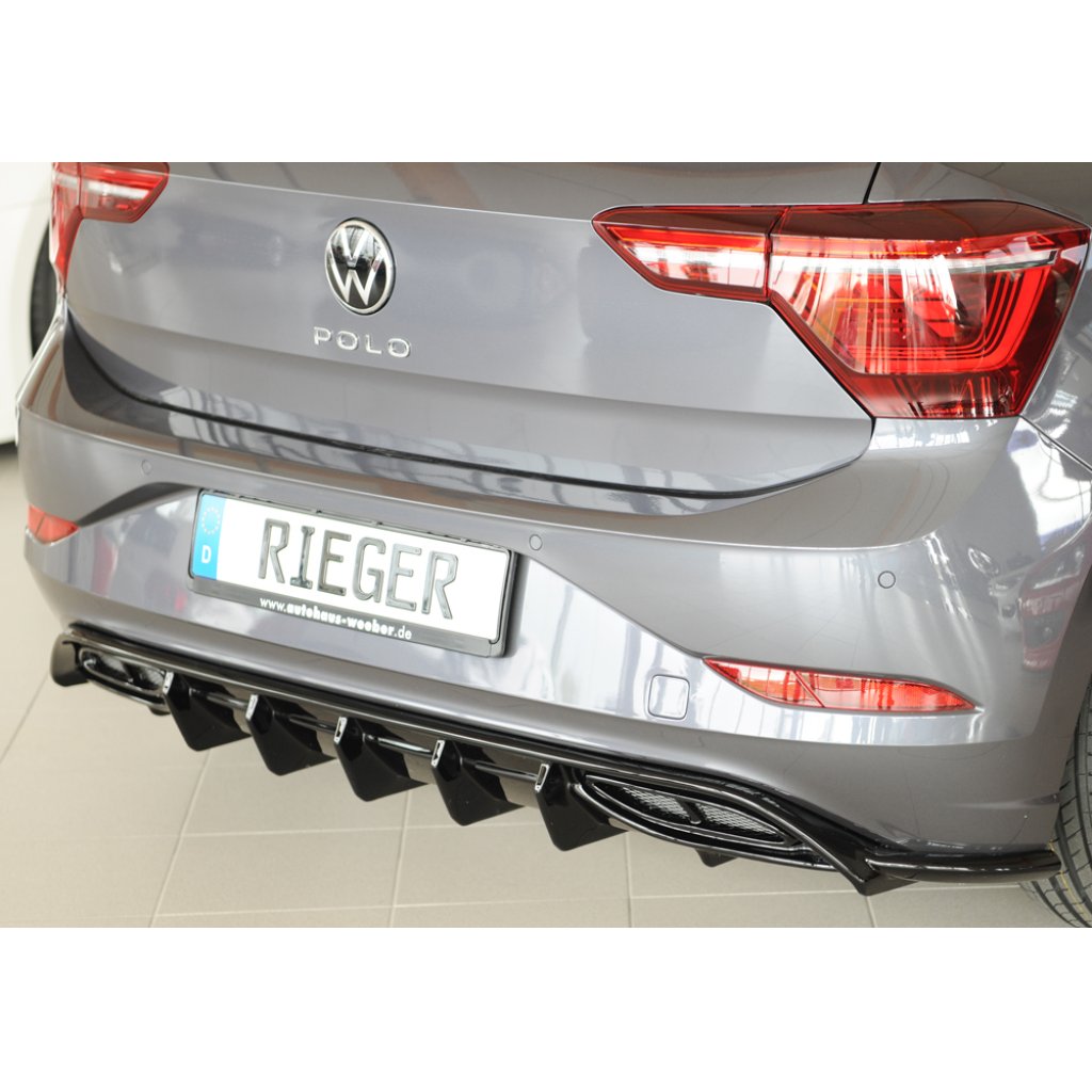 Rieger vložka zadního nárazníku pro Volkswagen Polo AW 5-dvéř., plast ABS lakovaný do černé lesklé barvy, R-Line, r.v. 06/2021-