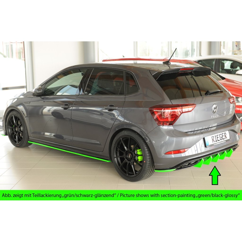 Rieger vložka zadního nárazníku pro Volkswagen Polo AW 5-dvéř., plast ABS lakovaný do černé lesklé barvy, R-Line, r.v. 06/2021-