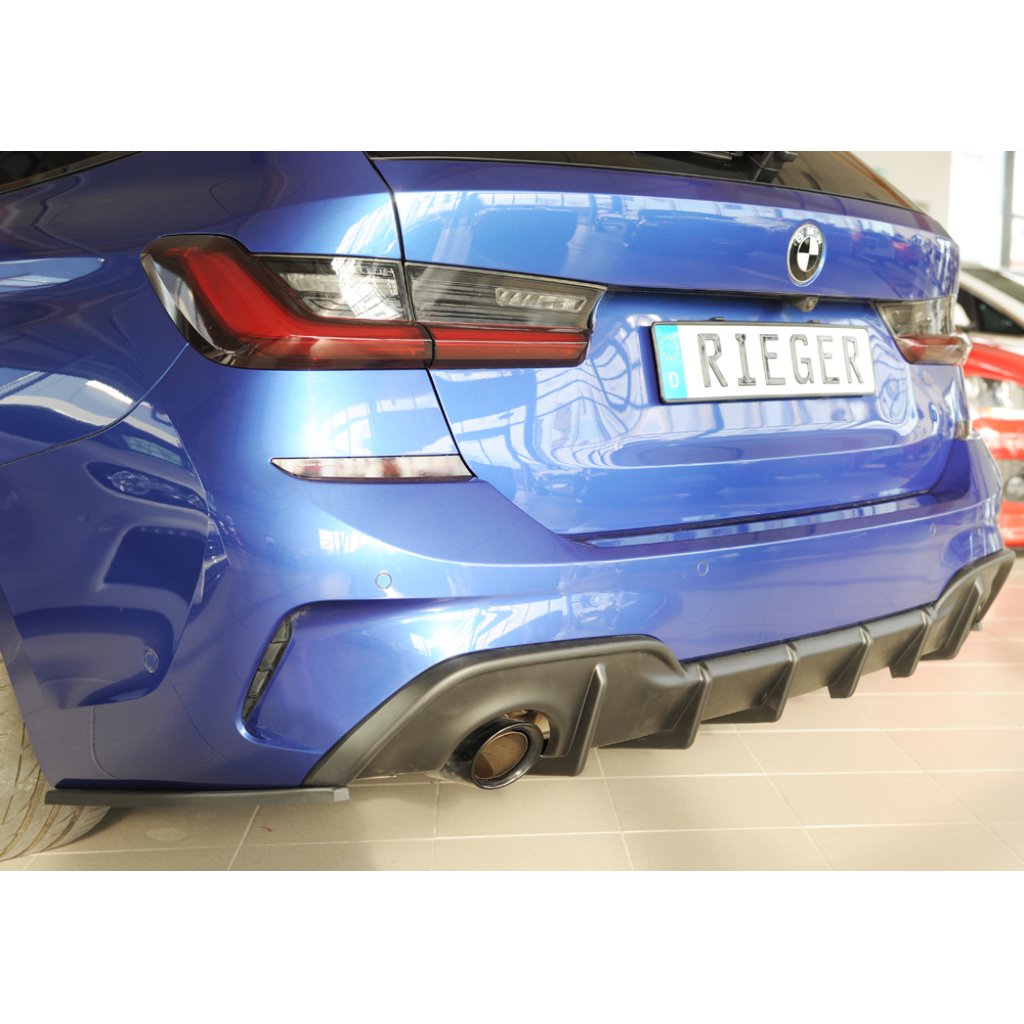 Rieger vložka zadního nárazníku (pro vozy s tažným zařízením) pro BMW řada 3 G21 touring, plast ABS bez povrchové úpravy, pro orig. koncovky vlevo/vpravo (průměr 90 mm)