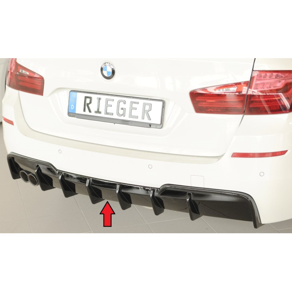 Rieger vložka zadního nárazníku (pro vozy s tažným zařízením) pro BMW řada 5 F11 touring, plast ABS lakovaný do černé lesklé barvy, pro orig. dvojitou koncovku vlevo