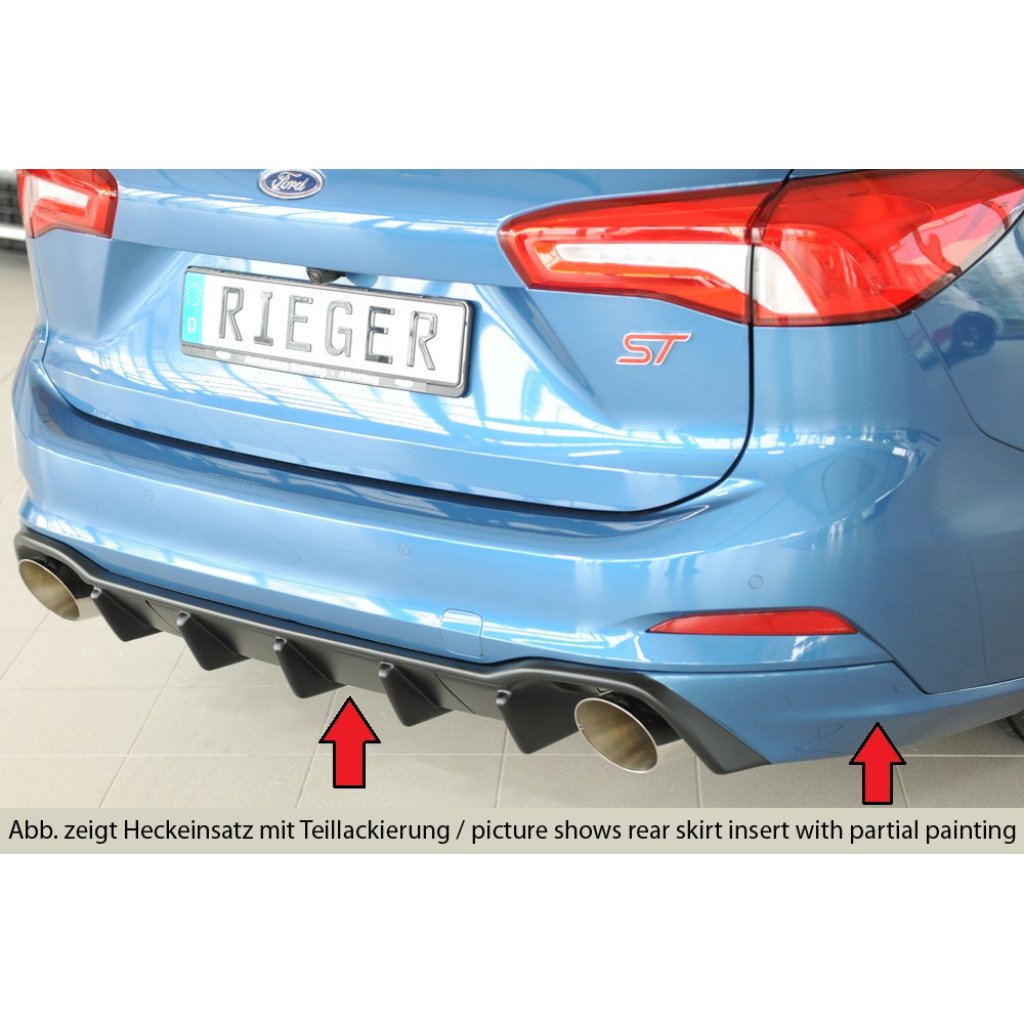 Rieger vložka zadního nárazníku (pro vozy s tažným zařízením) pro Ford Focus 4 DEH 5-dvéř. (combi), plast ABS bez povrchové úpravy, pro sportovní koncovky vlevo/vpravo 115 mm