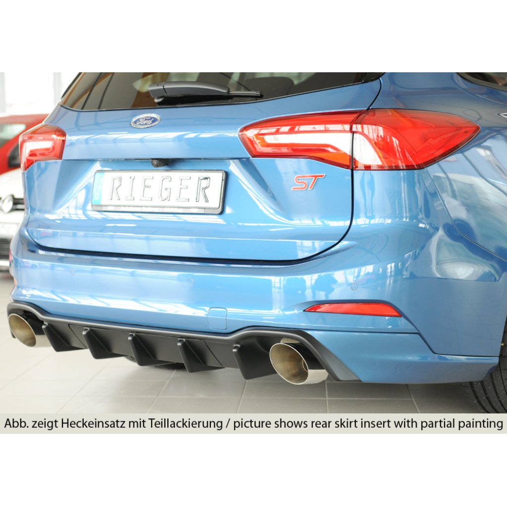 Rieger vložka zadního nárazníku (pro vozy s tažným zařízením) pro Ford Focus 4 DEH 5-dvéř. (combi), plast ABS bez povrchové úpravy, pro sportovní koncovky vlevo/vpravo 115 mm