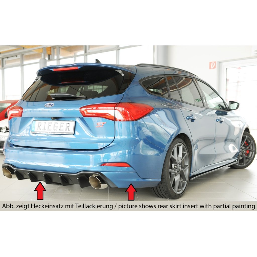 Rieger vložka zadního nárazníku (pro vozy s tažným zařízením) pro Ford Focus 4 DEH 5-dvéř. (combi), plast ABS bez povrchové úpravy, pro sportovní koncovky vlevo/vpravo 115 mm