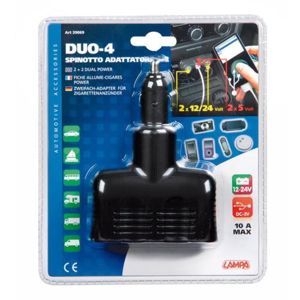 Rozdvojka zapalovače 12/24V + 2x USB (max.10A, max. 2A), 39069